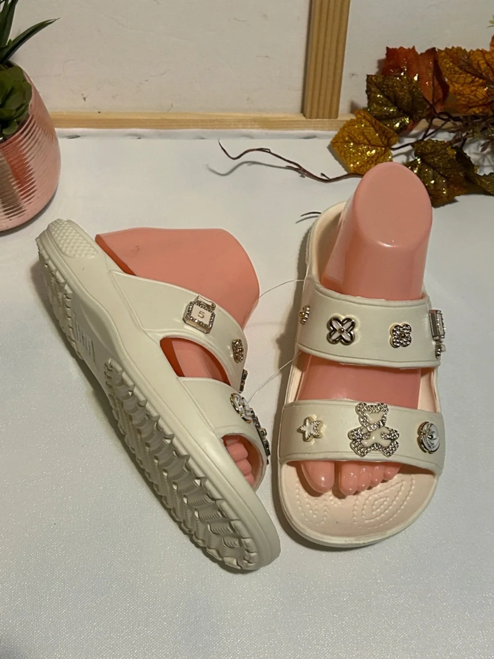 Women’s Cream Slide Sandals with Decorative Charms